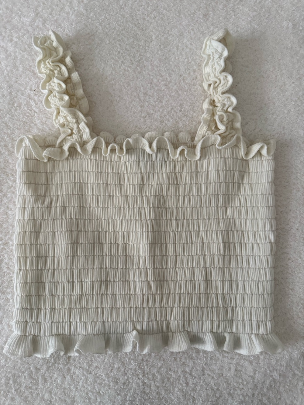 Reformation Cream Smocked Ruffle Strap Crop Tank